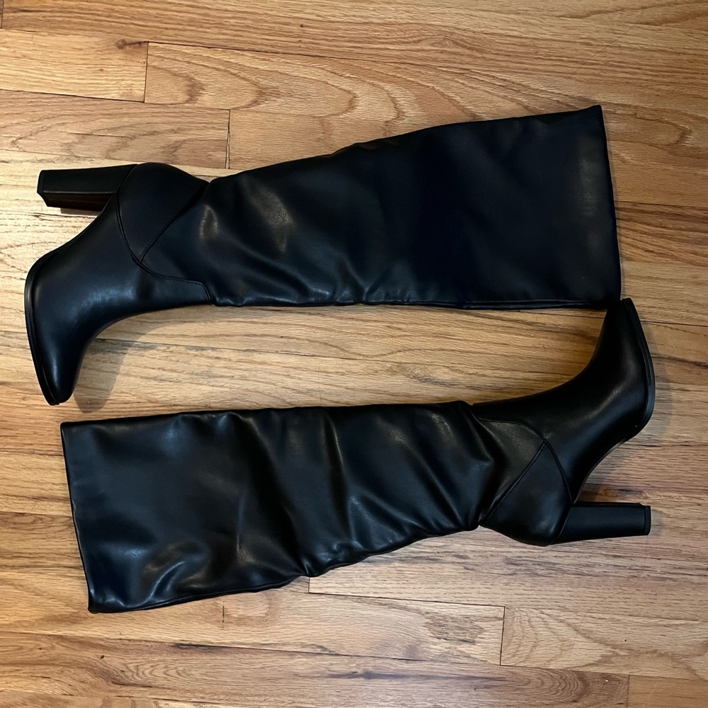 NWOT Faux leather thigh high stovepipe black boots